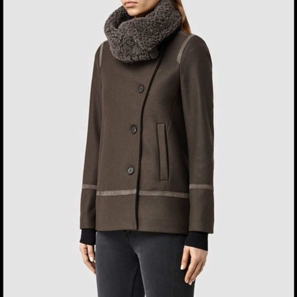 All Saints Okito Pea Coat in Khaki Green